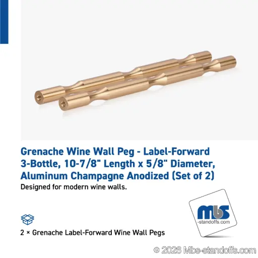 [WP058-3BR] Grenache Wine Wall Peg - Label-Forward 3-Bottle, 9-1/2" Length x 5/8" Diameter, Aluminum Champagne Anodized (Set of 2)