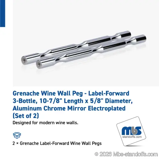 [WP058-3CP] Grenache Wine Wall Peg - Label-Forward 3-Bottle, 9-1/2" Length x 5/8" Diameter, Aluminum Chrome Mirror Electroplated (Set of 2)