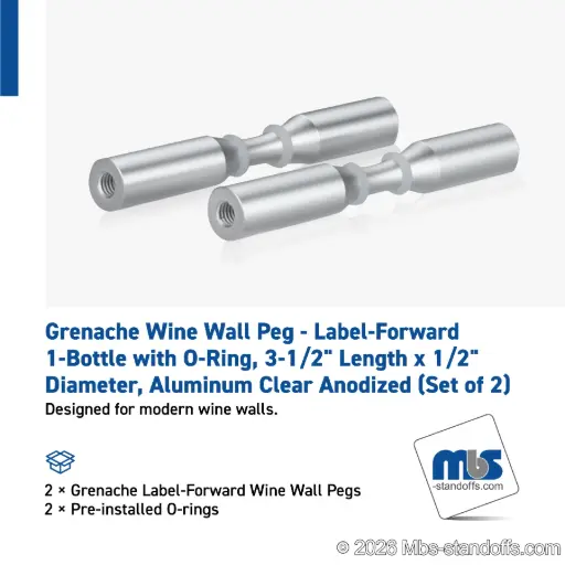 [WPR050-1A] Grenache Wine Wall Peg - Label-Forward 1-Bottle with O-Ring, 3-1/2" Length x 1/2" Diameter, Aluminum Clear Anodized (Set of 2)