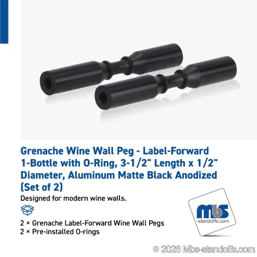 [WPR050-1MB] Grenache Wine Wall Peg - Label-Forward 1-Bottle with O-Ring, 3-1/2" Length x 1/2" Diameter, Aluminum Matte Black Anodized (Set of 2)