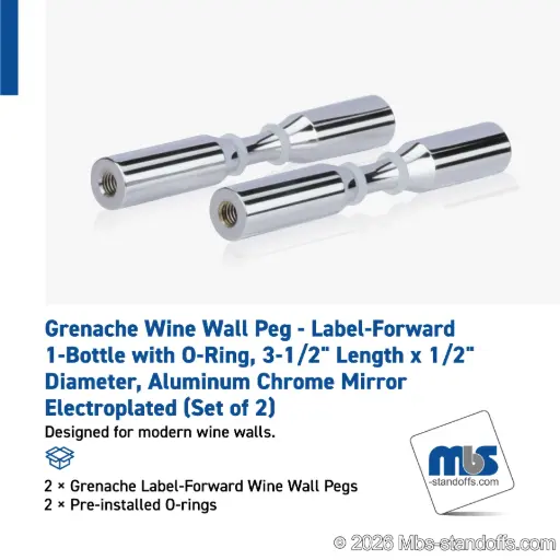[WPR050-1CP] Grenache Wine Wall Peg - Label-Forward 1-Bottle with O-Ring, 3-1/2" Length x 1/2" Diameter, Aluminum Chrome Mirror Electroplated (Set of 2)