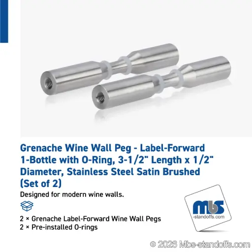 [WPR050-1S] Grenache Wine Wall Peg - Label-Forward 1-Bottle with O-Ring, 3-1/2" Length x 1/2" Diameter, Stainless Steel Satin Brushed (Set of 2)