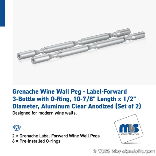 [WPR050-3A] Grenache Wine Wall Peg - Label-Forward 3-Bottle with O-Ring, 9-1/2" Length x 1/2" Diameter, Aluminum Clear Anodized (Set of 2)