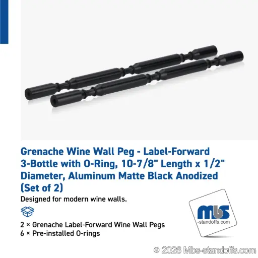 [WPR050-3MB] Grenache Wine Wall Peg - Label-Forward 3-Bottle with O-Ring, 9-1/2" Length x 1/2" Diameter, Aluminum Matte Black Anodized (Set of 2)