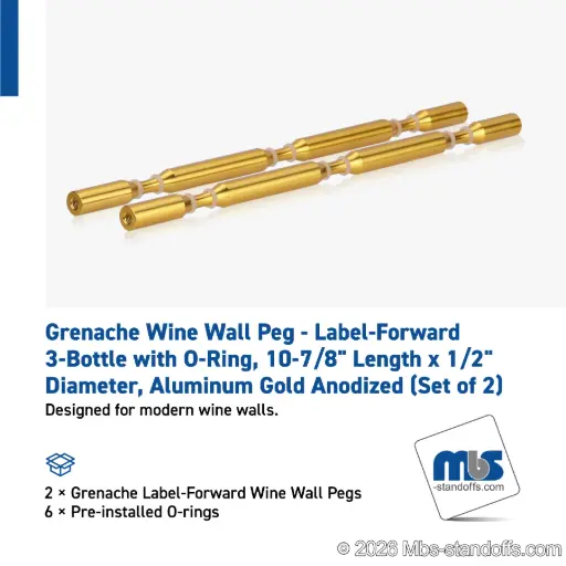 [WPR050-3G] Grenache Wine Wall Peg - Label-Forward 3-Bottle with O-Ring, 9-1/2" Length x 1/2" Diameter, Aluminum Gold Anodized (Set of 2)
