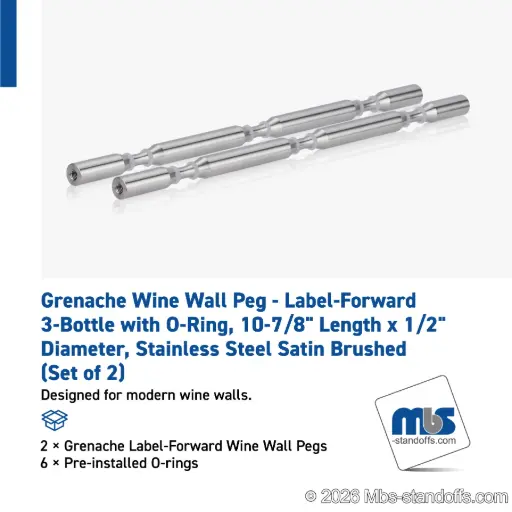 [WPR050-3S] Grenache Wine Wall Peg - Label-Forward 3-Bottle with O-Ring, 9-1/2" Length x 1/2" Diameter, Stainless Steel Satin Brushed (Set of 2)