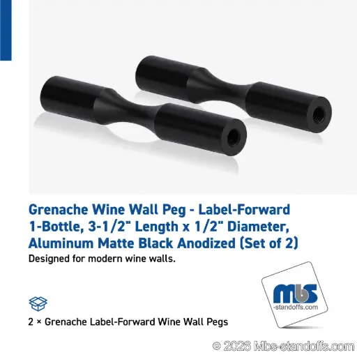 [WP050-1MB] Grenache Wine Wall Peg - Label-Forward 1-Bottle, 3-1/2" Length x 1/2" Diameter, Aluminum Matte Black Anodized (Set of 2)