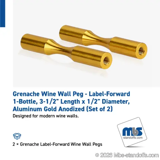 [WP050-1G] Grenache Wine Wall Peg - Label-Forward 1-Bottle, 3-1/2" Length x 1/2" Diameter, Aluminum Gold Anodized (Set of 2)