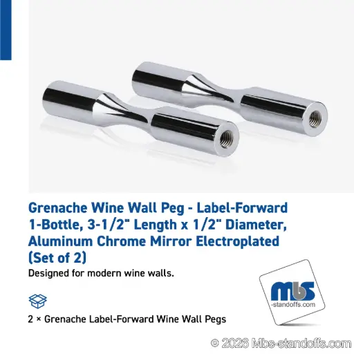 [WP050-1CP] Grenache Wine Wall Peg - Label-Forward 1-Bottle, 3-1/2" Length x 1/2" Diameter, Aluminum Chrome Mirror Electroplated (Set of 2)