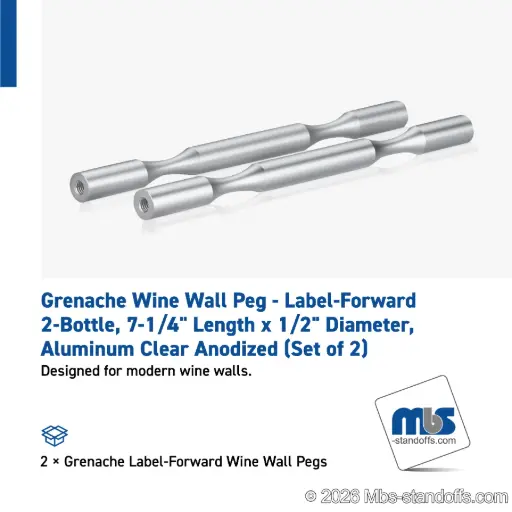 [WP050-2A] Grenache Wine Wall Peg - Label-Forward 2-Bottle, 7-1/4" Length x 1/2" Diameter, Aluminum Clear Anodized (Set of 2)