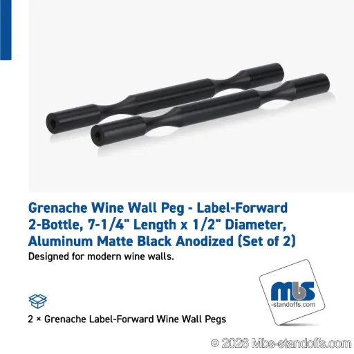 [WP050-2MB] Grenache Wine Wall Peg - Label-Forward 2-Bottle, 7-1/4" Length x 1/2" Diameter, Aluminum Matte Black Anodized (Set of 2)