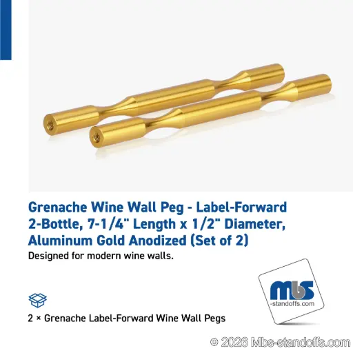 [WP050-2G] Grenache Wine Wall Peg - Label-Forward 2-Bottle, 7-1/4" Length x 1/2" Diameter, Aluminum Gold Anodized (Set of 2)