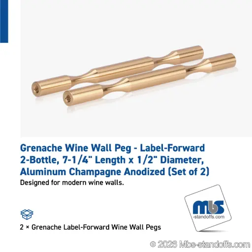 [WP050-2BR] Grenache Wine Wall Peg - Label-Forward 2-Bottle, 7-1/4" Length x 1/2" Diameter, Aluminum Champagne Anodized (Set of 2)