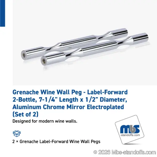 [WP050-2CP] Grenache Wine Wall Peg - Label-Forward 2-Bottle, 7-1/4" Length x 1/2" Diameter, Aluminum Chrome Mirror Electroplated (Set of 2)