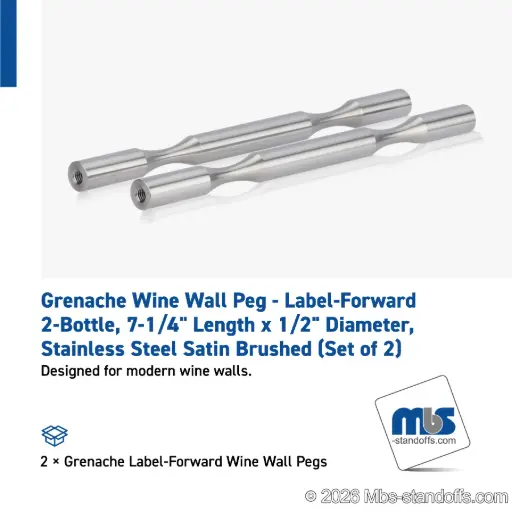[WP050-2S] Grenache Wine Wall Peg - Label-Forward 2-Bottle, 7-1/4" Length x 1/2" Diameter, Stainless Steel Satin Brushed (Set of 2)