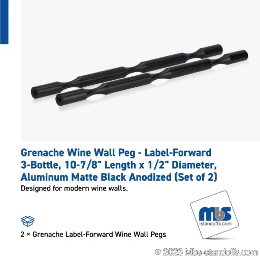 [WP050-3MB] Grenache Wine Wall Peg - Label-Forward 3-Bottle, 9-1/2" Length x 1/2" Diameter, Aluminum Matte Black Anodized (Set of 2)