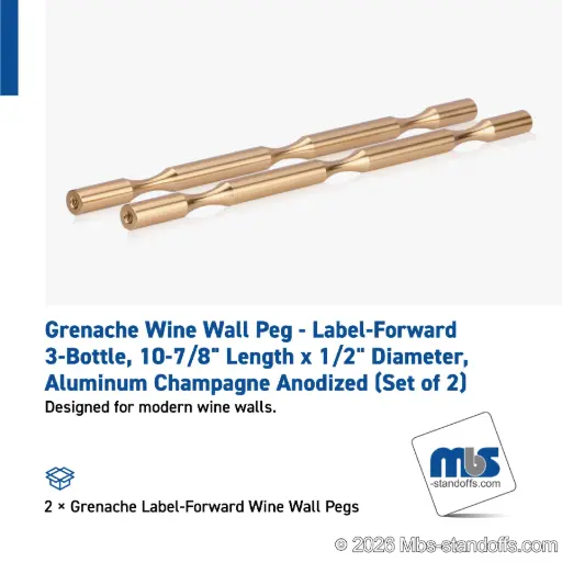 [WP050-3BR] Grenache Wine Wall Peg - Label-Forward 3-Bottle, 9-1/2" Length x 1/2" Diameter, Aluminum Champagne Anodized (Set of 2)