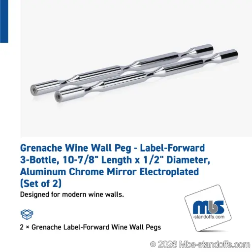 [WP050-3CP] Grenache Wine Wall Peg - Label-Forward 3-Bottle, 9-1/2" Length x 1/2" Diameter, Aluminum Chrome Mirror Electroplated (Set of 2)