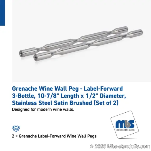 [WP050-3S] Grenache Wine Wall Peg - Label-Forward 3-Bottle, 9-1/2" Length x 1/2" Diameter, Stainless Steel Satin Brushed (Set of 2)