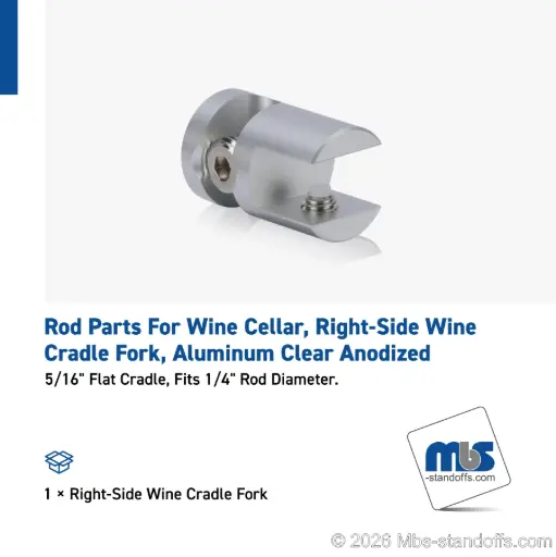 [CFR85R3A] Right-Side Wine Cradle Fork - 5/16" Flat Cradle, Fits 1/4" Rod, Aluminum Clear Anodized