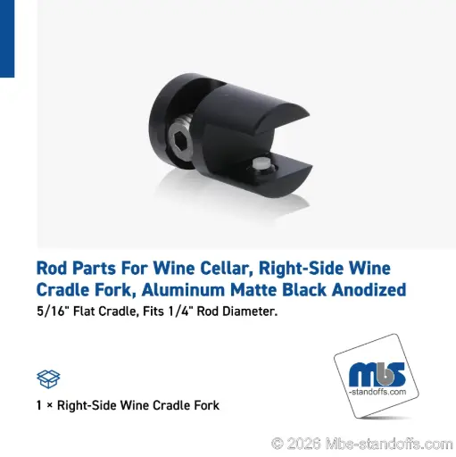 [CFR85R3MB] Right-Side Wine Cradle Fork - 5/16" Flat Cradle, Fits 1/4" Rod, Aluminum Matte Black Anodized