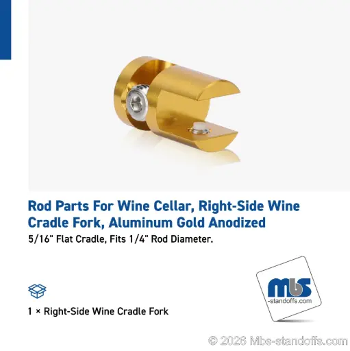 [CFR85R3G] Right-Side Wine Cradle Fork - 5/16" Flat Cradle, Fits 1/4" Rod, Aluminum Gold Anodized