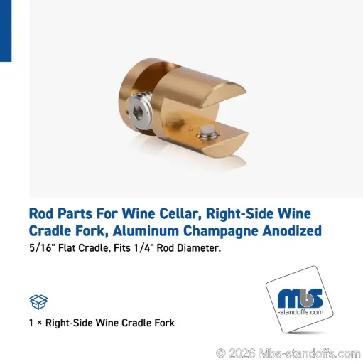 [CFR85R3BR] Right-Side Wine Cradle Fork - 5/16" Flat Cradle, Fits 1/4" Rod, Aluminum Champagne Anodized