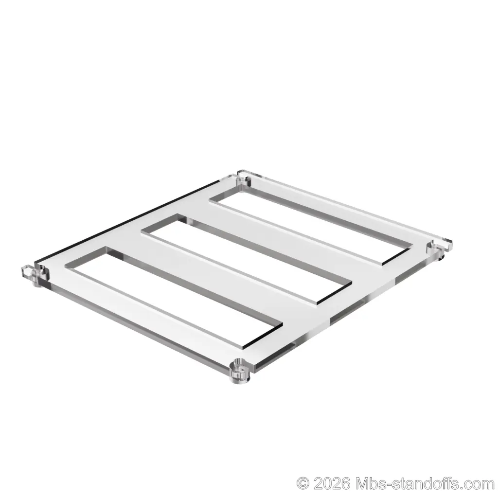 The Sauvignon Collection 3-bottles Flat Acrylic Cradle - Clear Anodized Forks for 1/4" Rod | Floating Wine Cable Display System