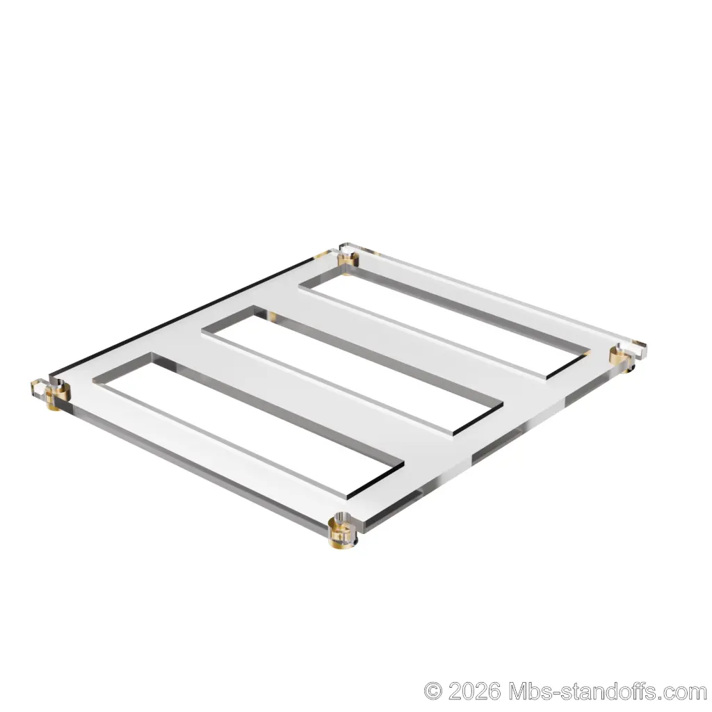 The Sauvignon Collection 3-bottles Flat Acrylic Cradle - Champagne Anodized Forks for 1/4" Rod | Floating Wine Cable Display System