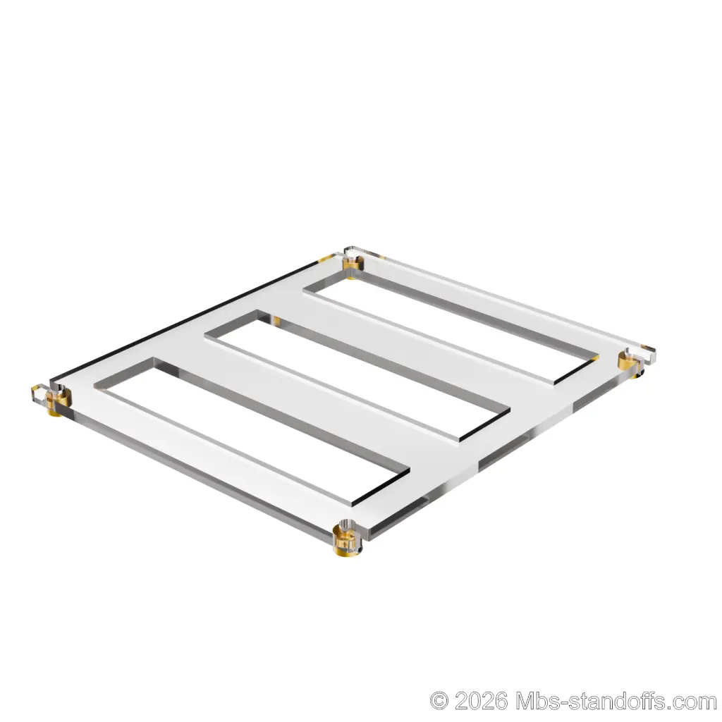 The Sauvignon Collection 3-bottles Flat Acrylic Cradle - Gold Anodized Forks for 1/4" Rod | Floating Wine Cable Display System