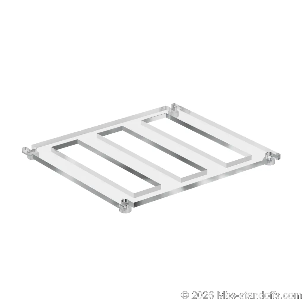 The Sauvignon Collection 3-bottles Flat Acrylic Cradle - Clear Anodized Forks for 3/8" Rod | Floating Wine Cable Display System
