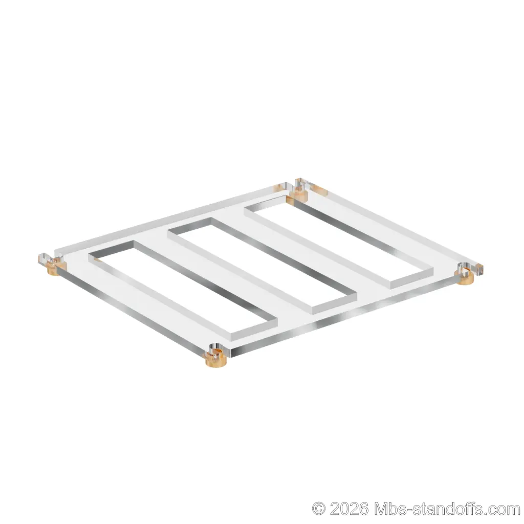 The Sauvignon Collection 3-bottles Flat Acrylic Cradle - Champagne Anodized Forks for 3/8" Rod | Floating Wine Cable Display System