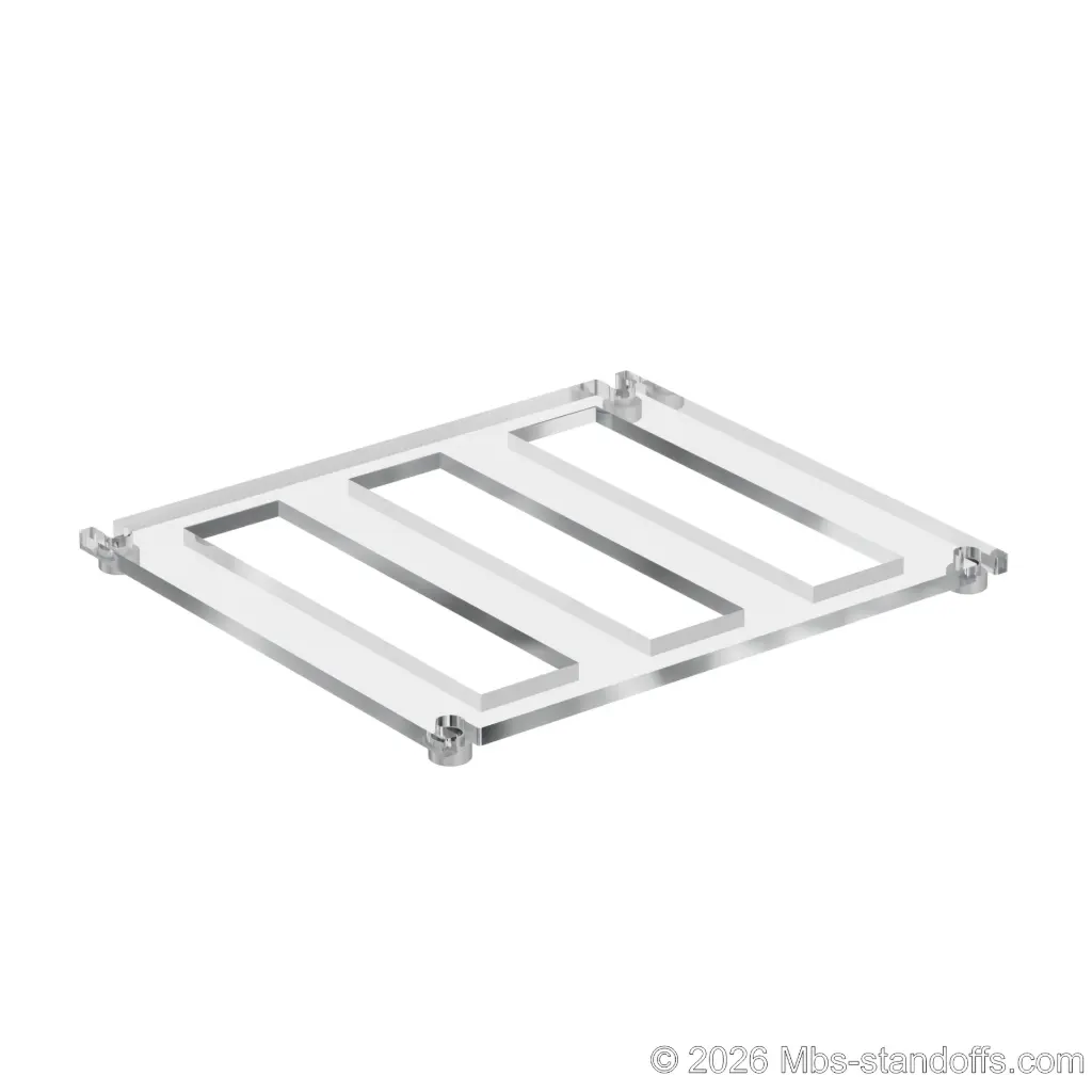 The Sauvignon Collection 3-bottles Flat Acrylic Cradle - Satin Brushed Forks for 3/8" Rod | Floating Wine Cable Display System