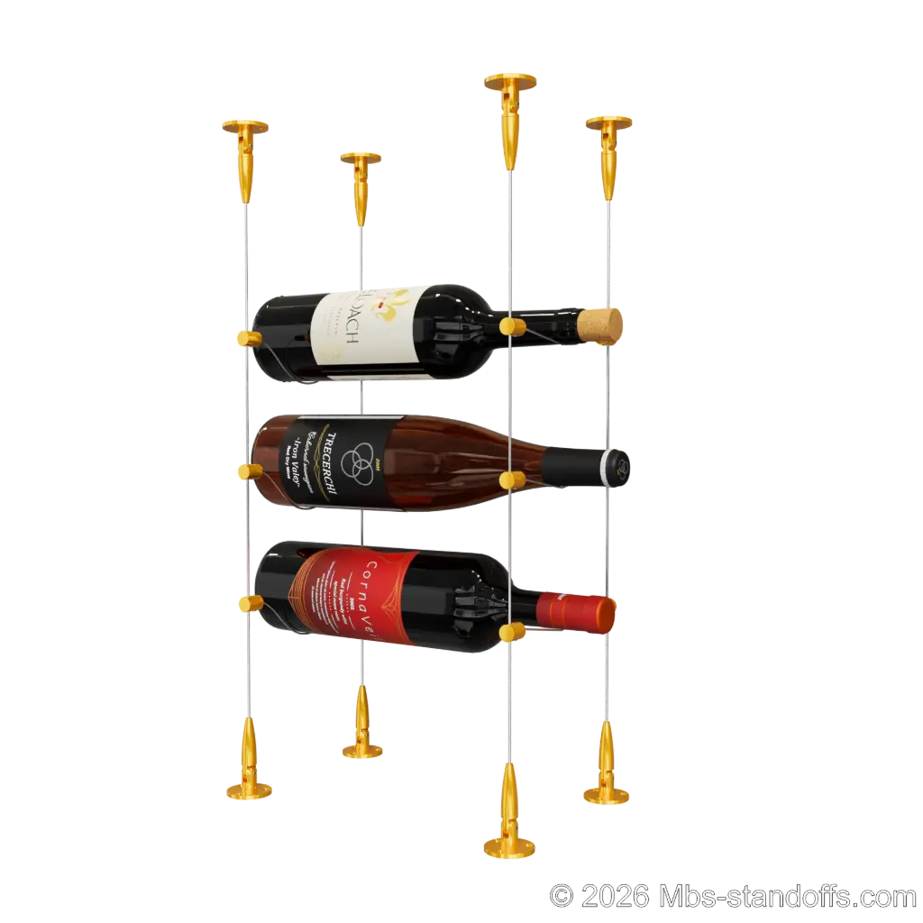 Cabernet - Bourgueil Collection Bottle Display Cable Kit, 3-Bottle Capacity, Floating Adjustable-Angle Aluminum Signature System, Cable: 1/16″ Diameter, 13′-1″ Length with Gold Anodized Hanger
