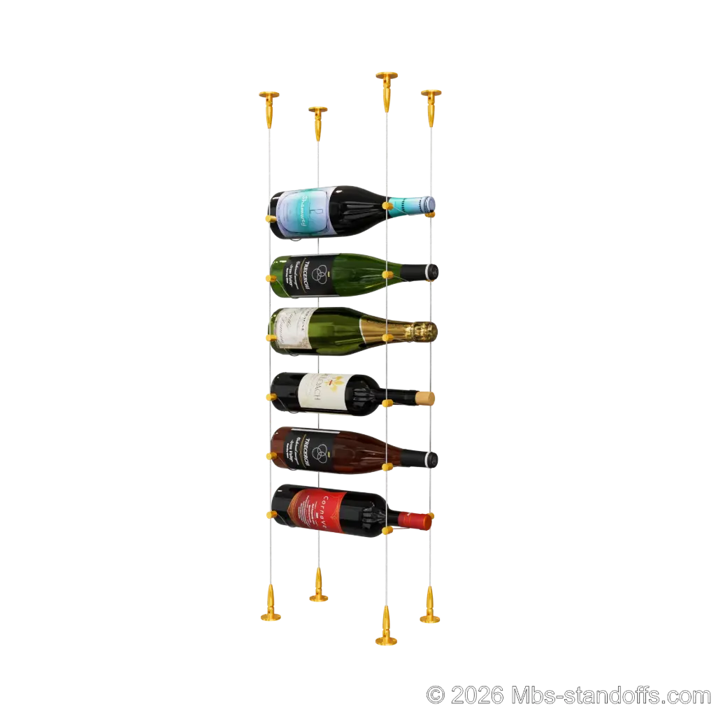 Cabernet - Bourgueil Collection Bottle Display Cable Kit, 6-Bottle Capacity, Floating Adjustable-Angle Aluminum Signature System, Cable: 1/16″ Diameter, 13′-1″ Length with Gold Anodized Hanger
