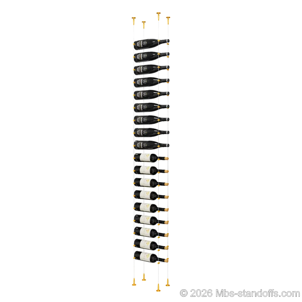 Cabernet - Bourgueil Collection Bottle Display Cable Kit, 18-Bottle Capacity, Floating Adjustable-Angle Aluminum Signature System, Cable: 1/16″ Diameter, 13′-1″ Length with Gold Anodized Hanger