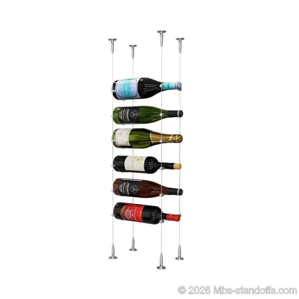 Cabernet - Bourgueil Collection Bottle Display Cable Kit, 6-Bottle Capacity, Floating Adjustable-Angle Aluminum Signature System, Cable: 1/16″ Diameter, 13′-1″ Length with Satin Brushed Hanger