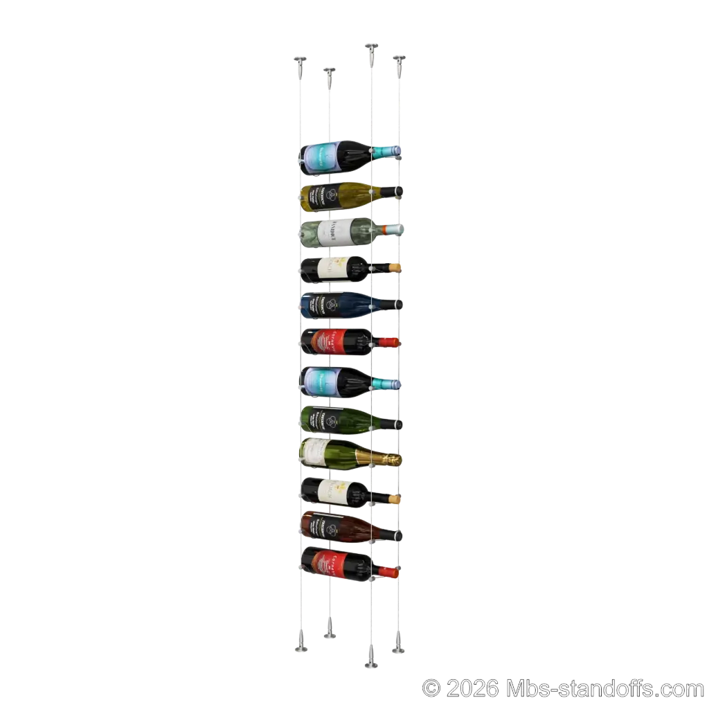 Cabernet - Bourgueil Collection Bottle Display Cable Kit, 12-Bottle Capacity, Floating Adjustable-Angle Aluminum Signature System, Cable: 1/16″ Diameter, 13′-1″ Length with Satin Brushed Hanger