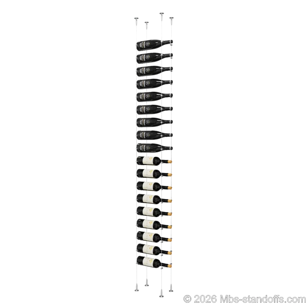 Cabernet - Bourgueil Collection Bottle Display Cable Kit, 18-Bottle Capacity, Floating Adjustable-Angle Aluminum Signature System, Cable: 1/16″ Diameter, 13′-1″ Length with Satin Brushed Hanger