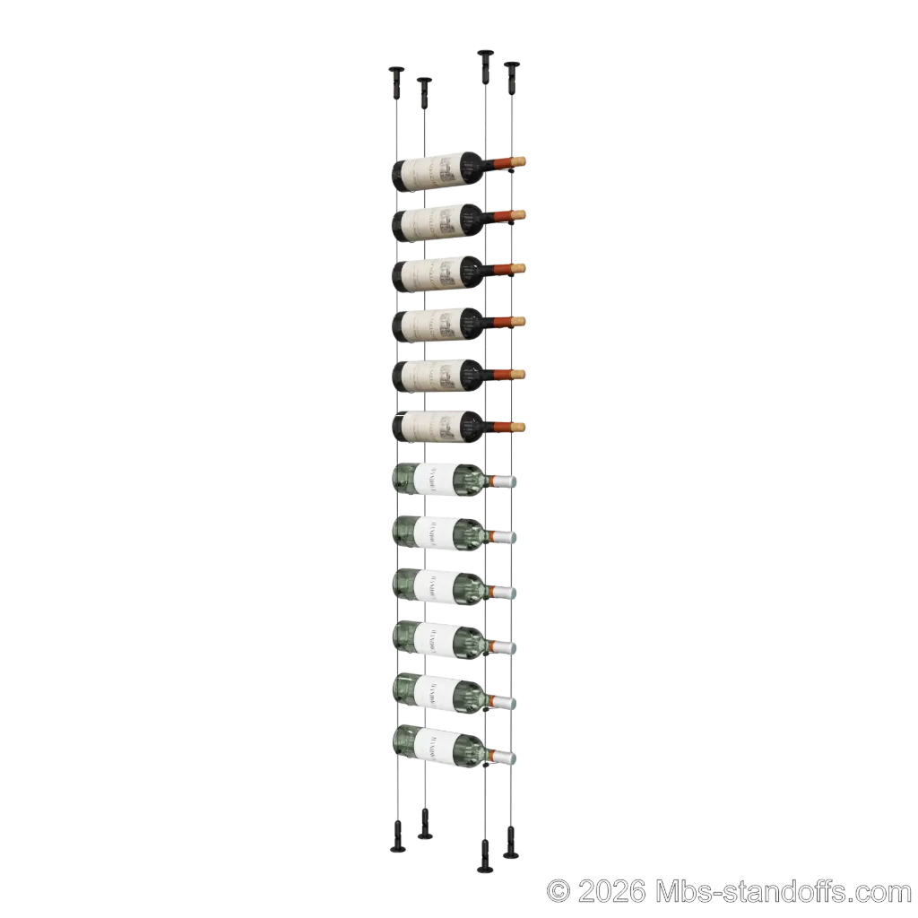 Cabernet - Chinon Collection Bottle Display Cable Kit, 12-Bottle Capacity, Floating Adjustable-Angle Aluminum Cable System, Cable: 1/16″ Diameter, 13′-1″ Length with Matte Black Anodized Hanger