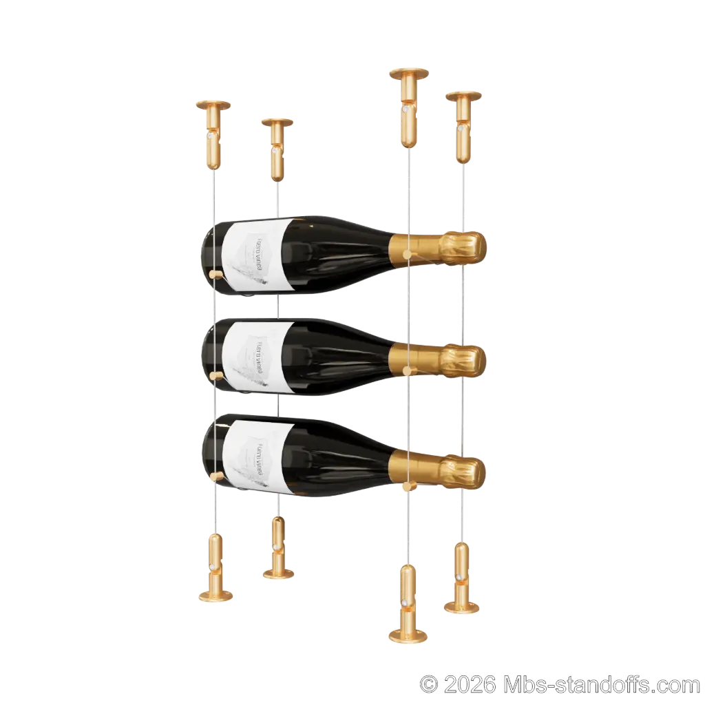 Cabernet - Chinon Collection Bottle Display Cable Kit, 3-Bottle Capacity, Floating Adjustable-Angle Aluminum Cable System, Cable: 1/16″ Diameter, 13′-1″ Length with Champagne Anodized Hanger