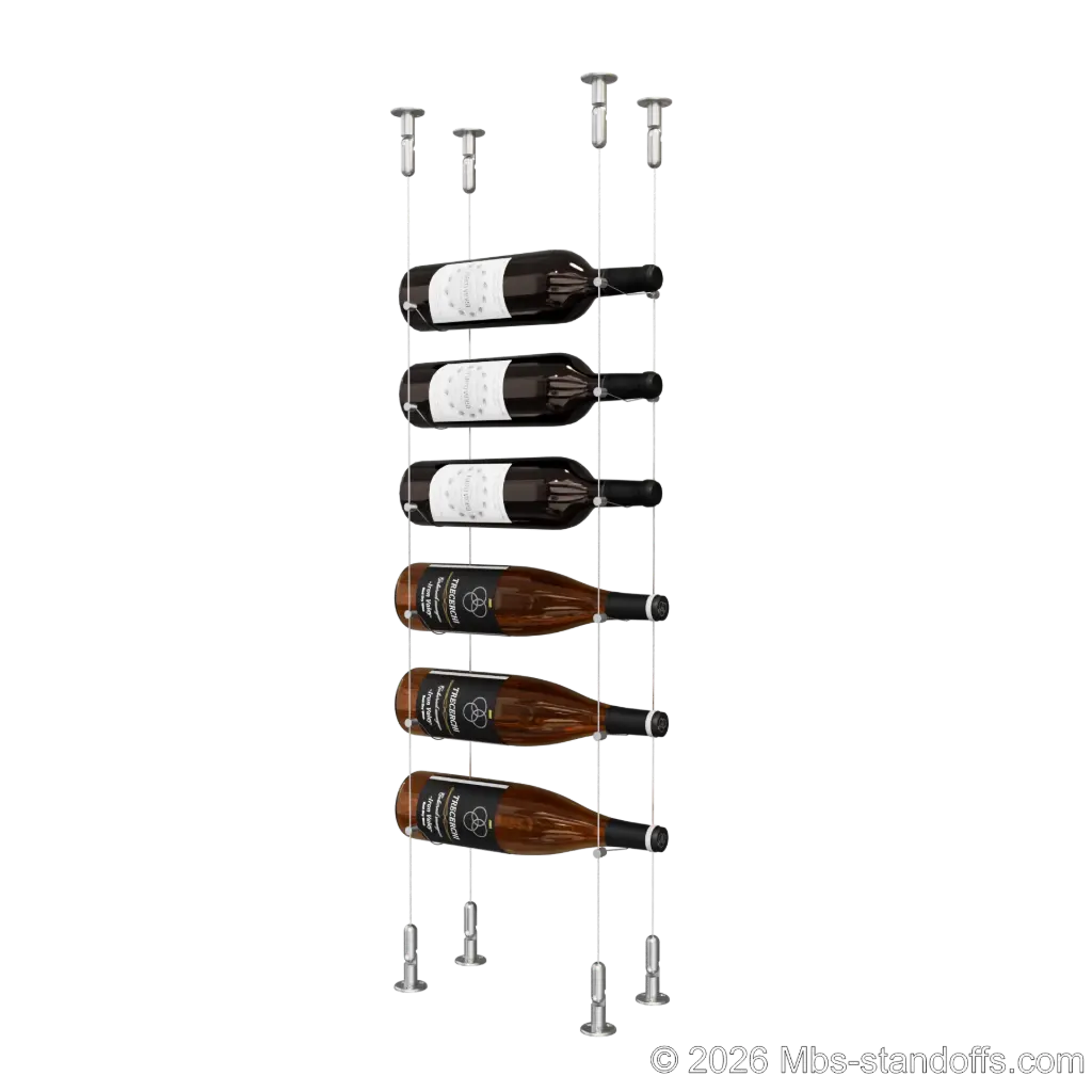 Cabernet - Chinon Collection Bottle Display Cable Kit, 6-Bottle Capacity, Floating Adjustable-Angle Stainless Steel Cable System, Cable: 1/16″ Diameter, 13′-1″ Length with Satin Brushed Hanger