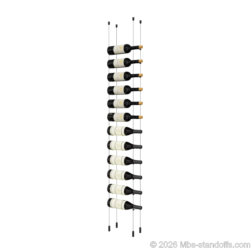 Cabernet - Saumur Collection Bottle Display Cable Kit, 12-Bottle Capacity, Floating Aluminum Cable System, Cable: 1/16″ Diameter, 13′-1″ Length with Matte Black Anodized Hanger