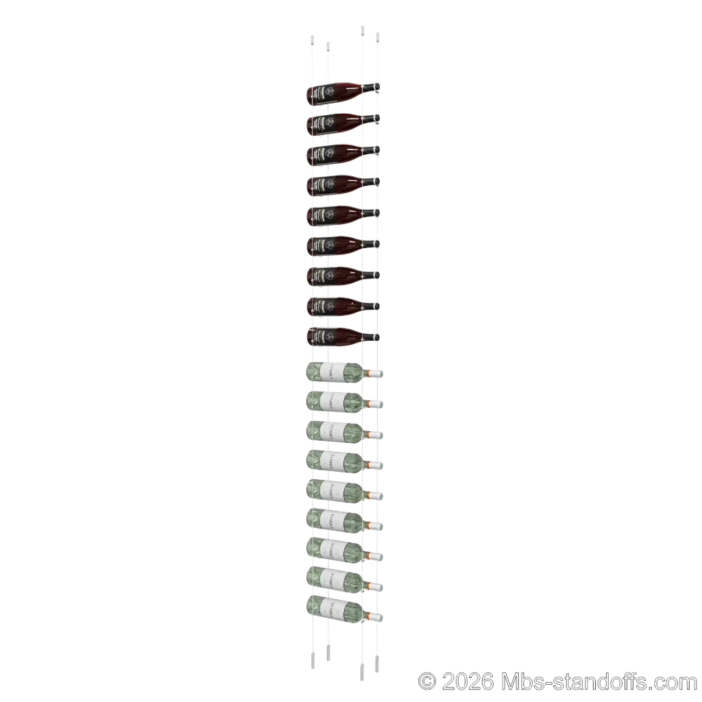 Cabernet - Saumur Collection Bottle Display Cable Kit, 18-Bottle Capacity, Floating Stainless Steel Cable System, Cable: 1/16″ Diameter, 13′-1″ Length with Satin Brushed Hanger