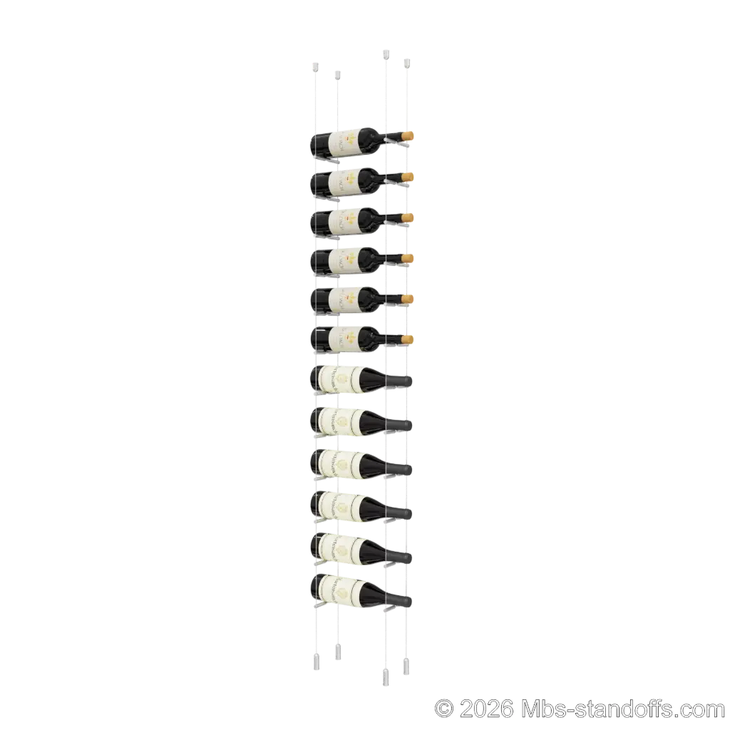 Merlot - Napa Collection Bottle Display Peg Kit With "O" Ring, 12-Bottle Capacity, Floating Cable System, Pegs: 1/2″ × 6" with Clear Anodized Finish