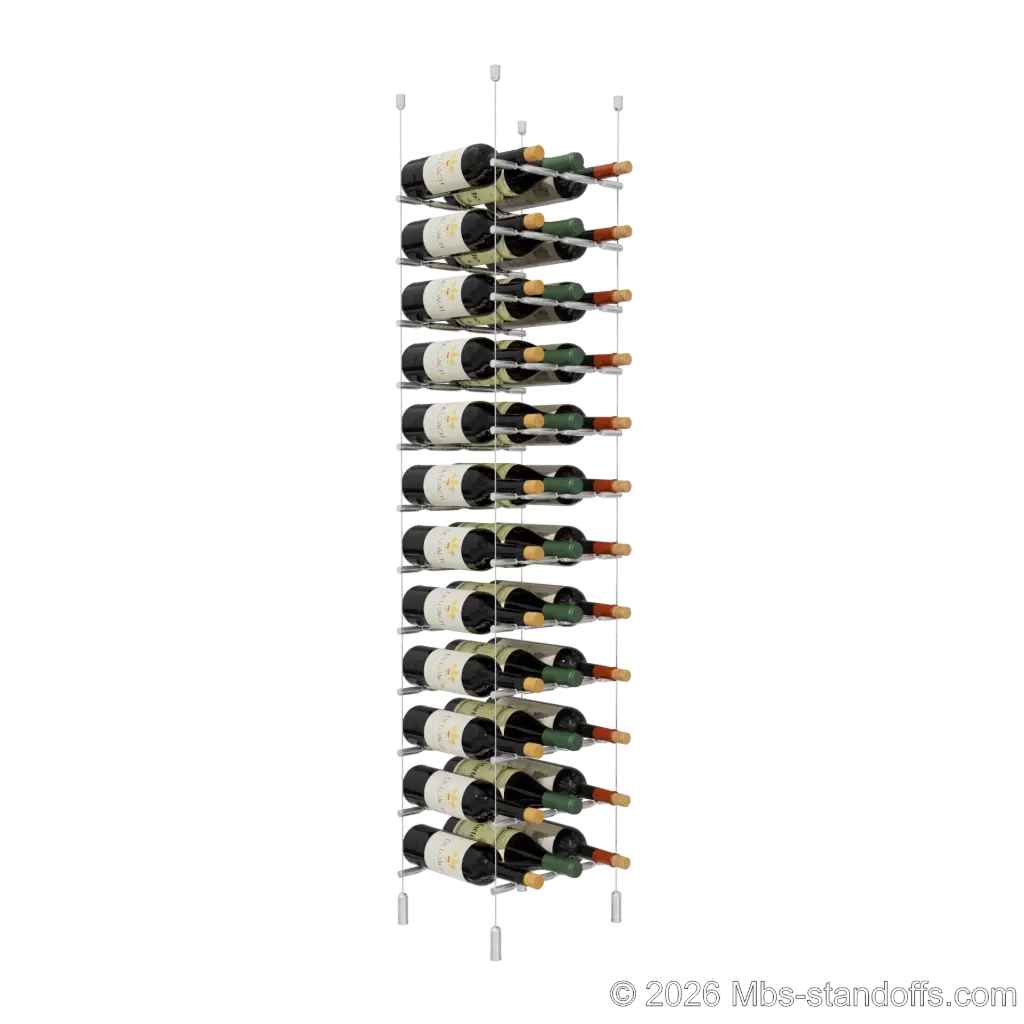 Merlot - Napa Collection Bottle Display Peg Kit With "O" Ring, 36-Bottle (3x12) Capacity, Floating Cable System, Pegs: 1/2″ × 11-1/2" with Clear Anodized Finish