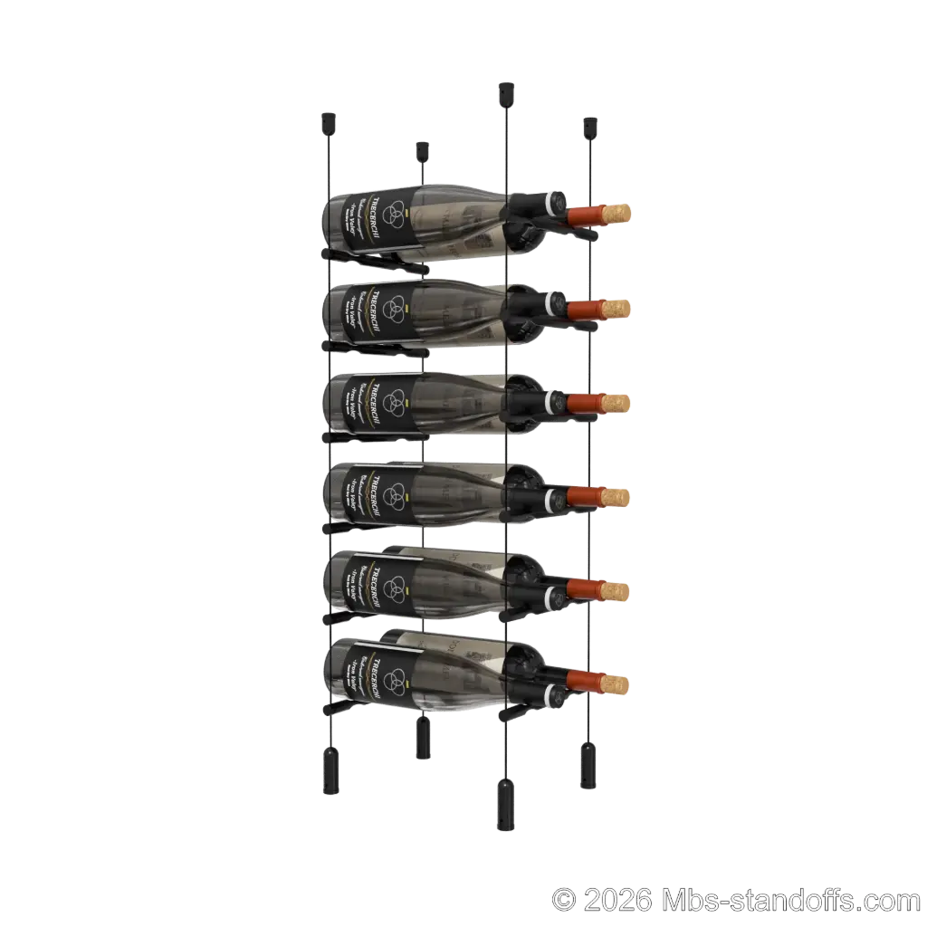 Merlot - Napa Collection Bottle Display Peg Kit, 12-Bottle (2x6) Capacity, Floating Cable System, Pegs: 1/2″ × 7-1/2" with Matte Black Anodized Finish