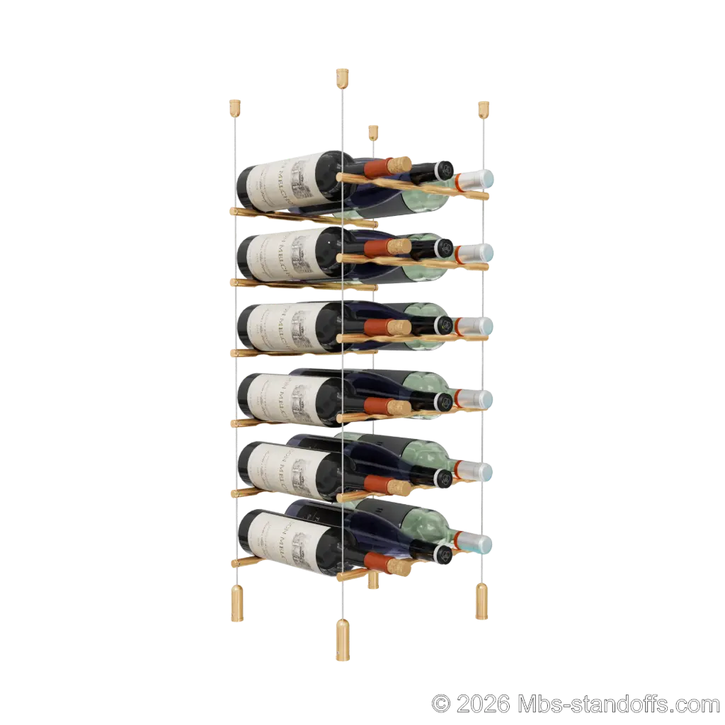 Merlot - Napa Collection Bottle Display Peg Kit, 18-Bottle (3x6) Capacity, Floating Cable System, Pegs: 1/2″ × 11-1/2" with Champagne Anodized Finish