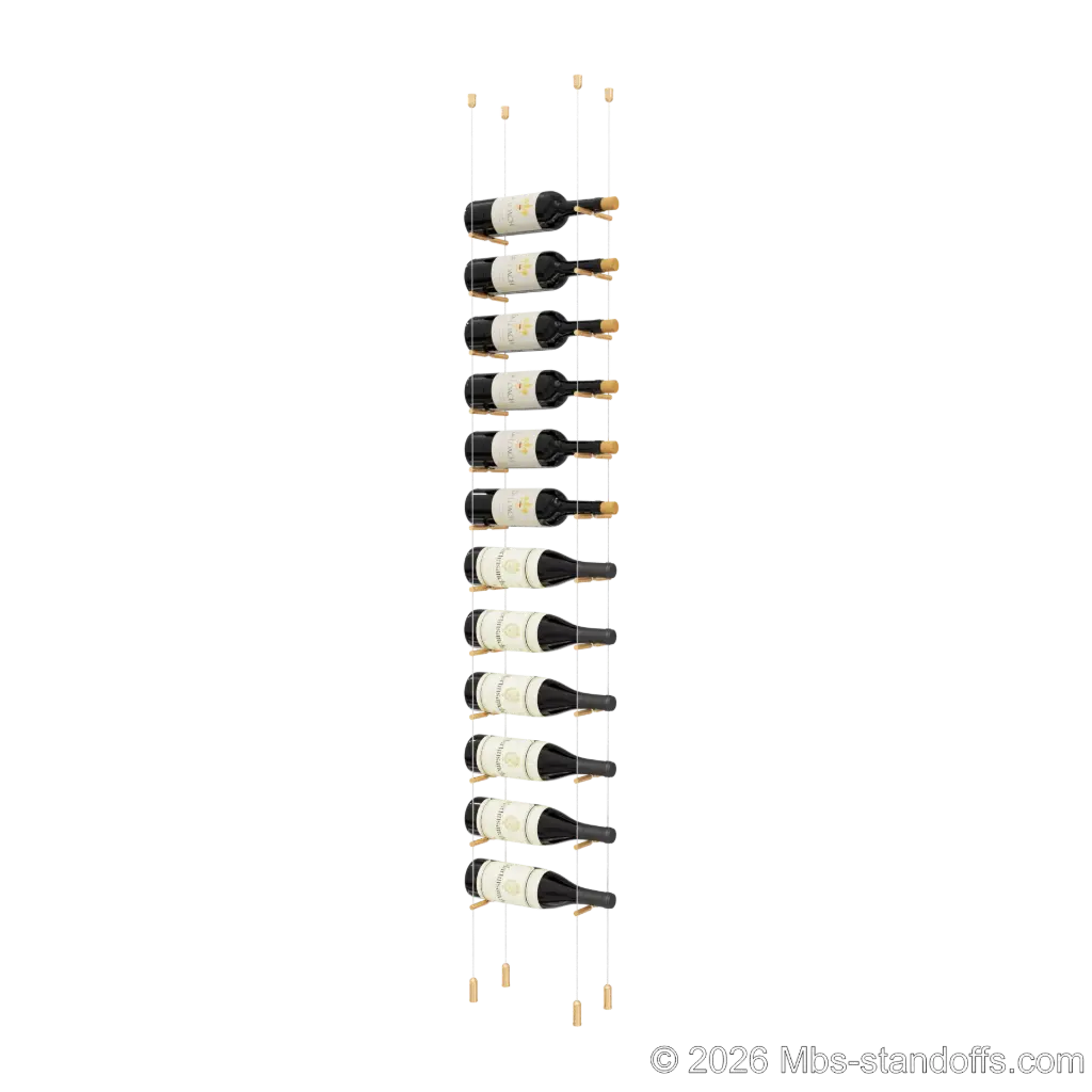 Merlot - Napa Collection Bottle Display Peg Kit With "O" Ring, 12-Bottle Capacity, Floating Cable System, Pegs: 1/2″ × 6" with Champagne Anodized Finish