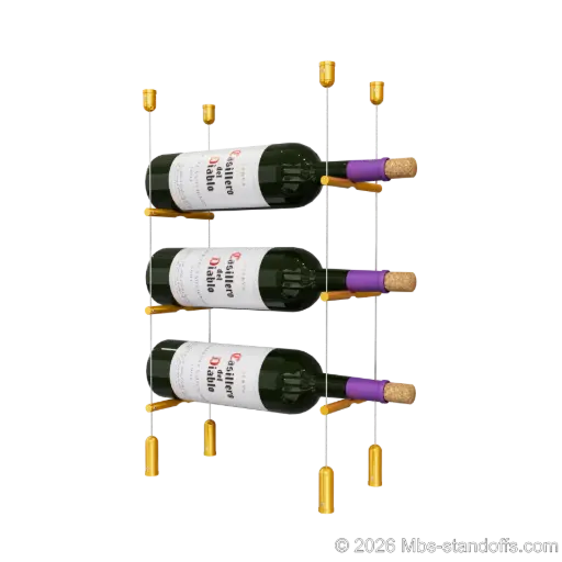 [ACG1904G-PCW1050G-K3] Merlot - Napa Collection Bottle Display Peg Kit, 3-Bottle Capacity, Floating Cable System, Pegs: 1/2″ × 6" with Gold Anodized Finish